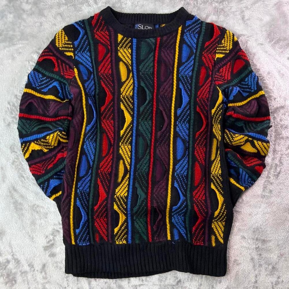 Vintage 90s The Slope Coogi Style Sweater Girls Medium Colorful Knit Crewneck